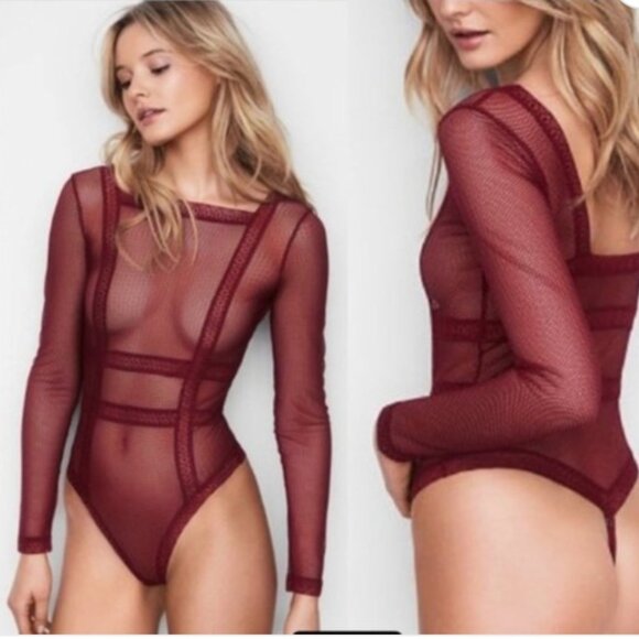 NWT Victoria's Secret Fishnet Bodysuit Square Neck in Burgundy Size Medium - Picture 11 of 11